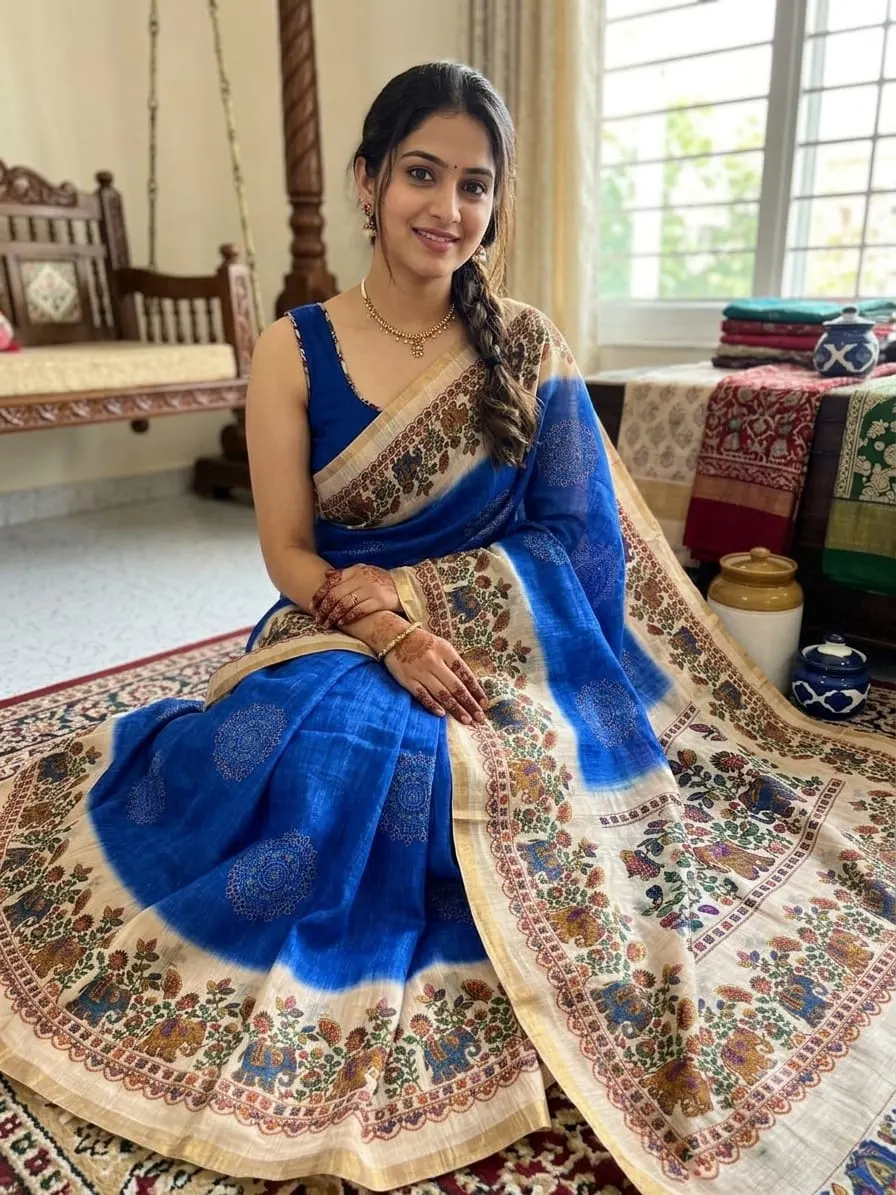 Blue and Cream Madhubani Print Linen Cotton Saree
